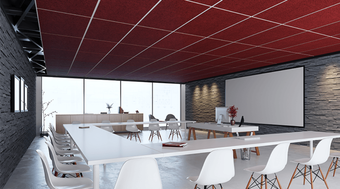 faux plafond rouge avec traits blancs